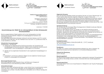 Ausschreibung Jahrespraktikum Schwerpunkt Schulsozialarbeit